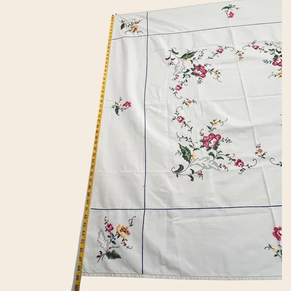 Vintage Hand Embroidered Cross Stitch Floral Tablecloth White Square 48x50 - Picture 9 of 10